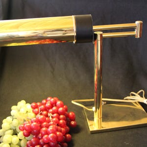 May include: A gold-toned desk lamp with a rectangular base and a cylindrical shade. The lamp has a black accent band and a double-arm design. A bunch of red and green grapes are in the foreground.