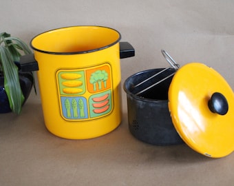 1970s Vintage Enamel Cook Pot with Steamer Basket: Veggie Design