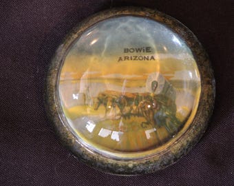40s - 50s, Bowie Arizona Glass Dome Paperweight, Mid-Century Western Souvenir, Covered Wagon Pioneer Scene Desk Decor, Southwest Collectible
