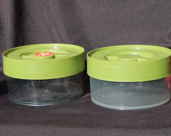 1970's Vintage - BEE PLASTICS - Set of two ( 2 ) Avocado Green / Clear Plastic Kitchen Storage Canisters - 4 x 7 " - Good to VG Condition