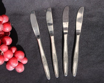 1960's Vintage - Interpur Stainless Flatware - INR3 (Roses) - Lot of Four ( 4 ) Table Knives - Good Condition