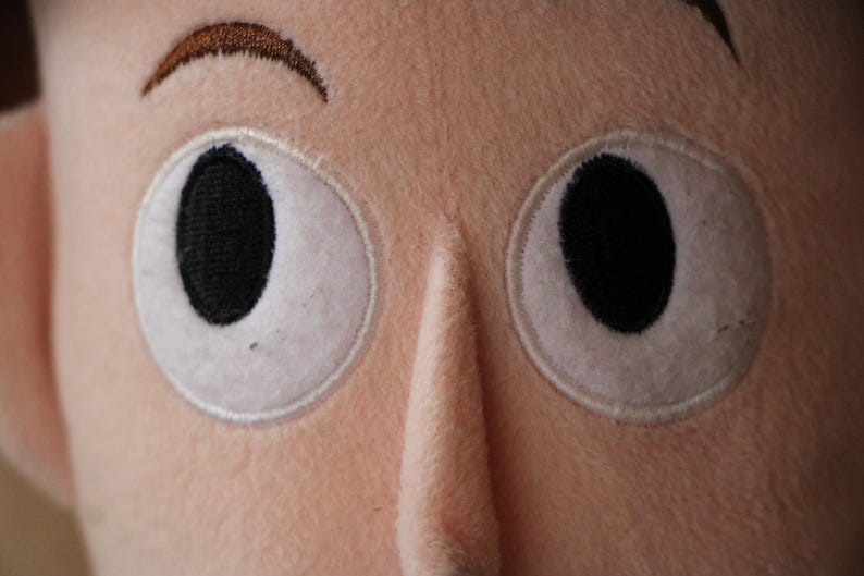 Puede incluir: Primer plano de la cara de un juguete de peluche con dos ojos grandes y blancos con pupilas negras. El juguete tiene una ceja marr&oacute;n y una nariz larga y rosada.