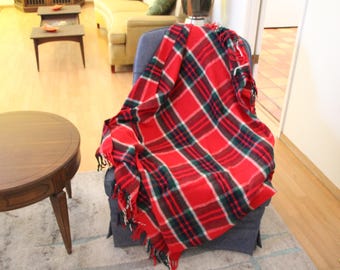 Mid Century Plaid Acrylic Throw Blanket: 54" Square, 3" Fringe