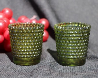 1970's Vintage - Anchor Hocking - Avocado Green Hobnail Glass VOTIVE CANDLE HOLDERS - Pair - 2.5"