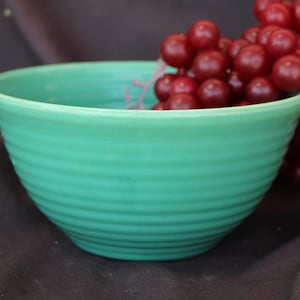 May include: A turquoise-colored bowl with horizontal ridged detailing. The bowl is filled with a bunch of red grapes. The bowl has a rounded shape and a slightly flared rim. The background is a dark brown fabric.