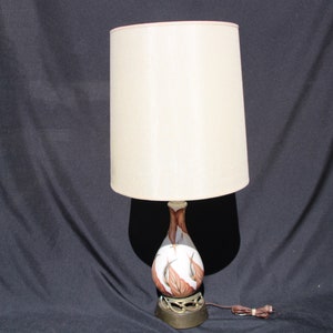 Mid Century - Table Lamp - Ceramic - Ivory with Terracotta and Gold Decoration - 32&quot; - Good to Very Good Condition