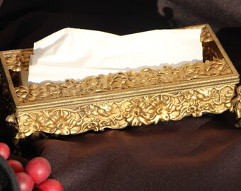 1950's - 1960's Vintage - Gold Hollywood Regency Vanity - Tissue Box - Long and Low w/ CUPID Feet - Very Good Condition