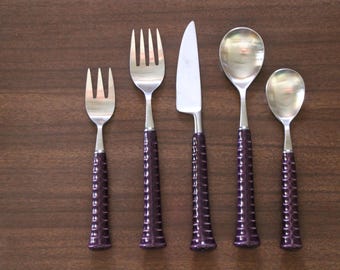 1973 - 1976 Noritake RADIANT - Plum / Purple - Lot of 5 Pieces - Stainless Steel w/ Porcelain Handles - Flatware
