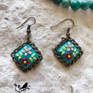 Handmade Jewelry Turquoise Floral Square Earrings Polymer Clay Gift For Women Gift For Wife Gift for Her Gift for Mom Gift Girl