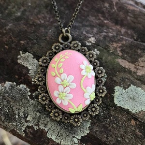 Dark Pink Floral Oval pendant Necklace Polymer Clay Jewelry Gift For Women Gift For Wife Gift for Her Christmas Gift for Mom Gift For Girl