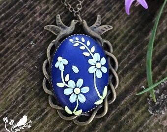 Navy Blue Floral Oval Pendant Necklace Polymer Clay Jewelry Gift For Women Gift For Wife Gift for Her Christmas Gift for Mom Gift For Girl