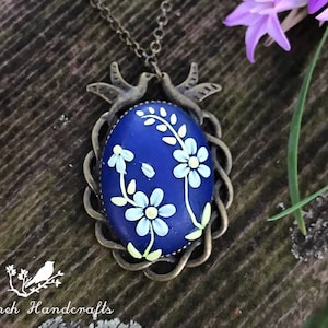 Navy Blue Floral Oval Pendant Necklace Polymer Clay Jewelry Gift For Women Gift For Wife Gift for Her Christmas Gift for Mom Gift For Girl