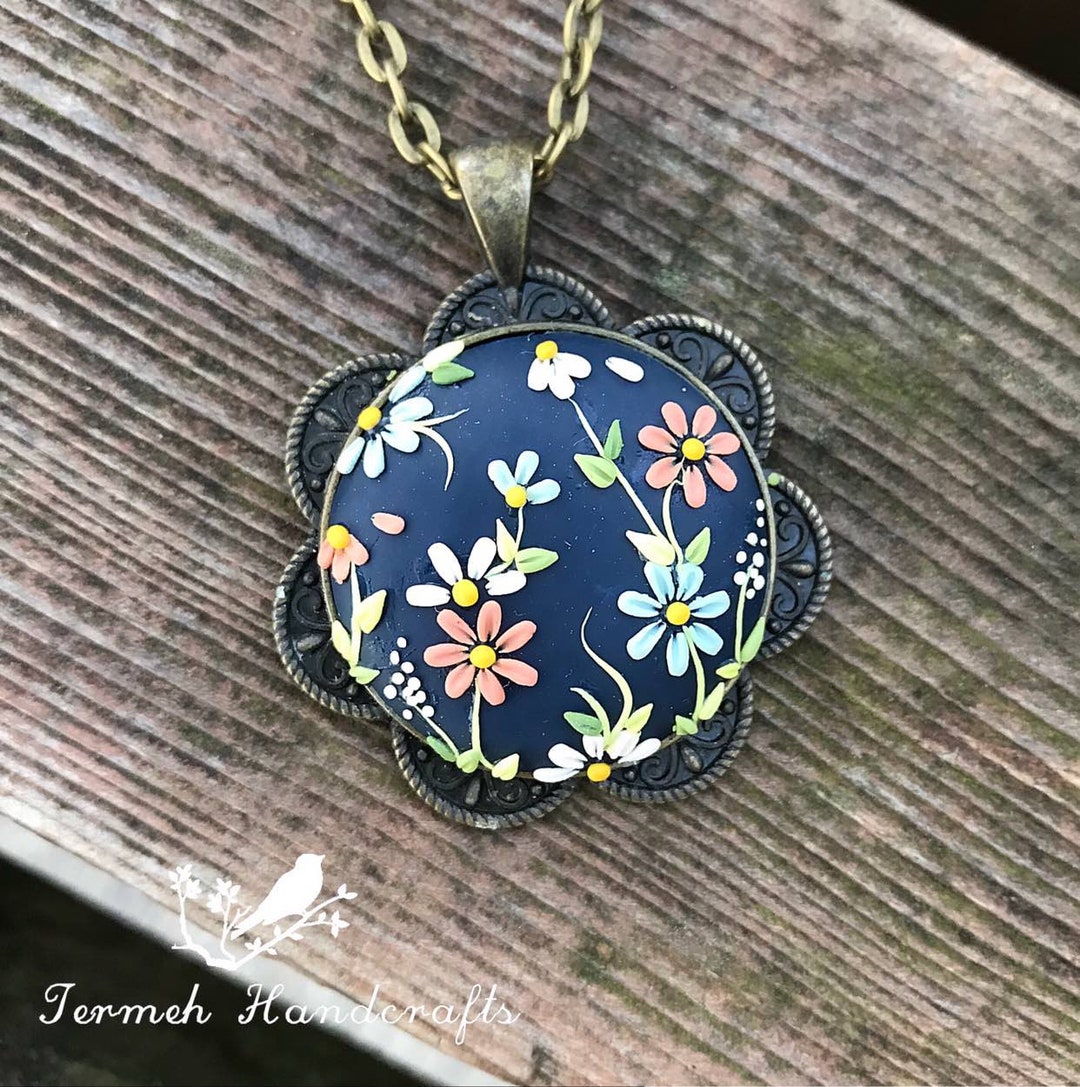 Floral Navy Blue Circle Pendant Necklace Polymer Clay Jewelry Gift for