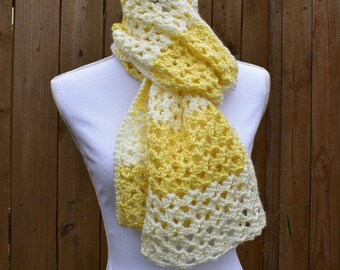 Crochet Scarf, Pale Yellow and White, Lightweight Acrylic