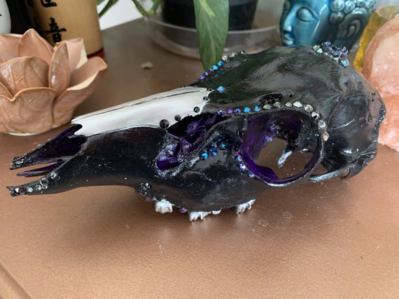 Hand Painted Doe Skull (Black & Purple) with Crystals and Swarovski Crystals - GOREgeous Oddities