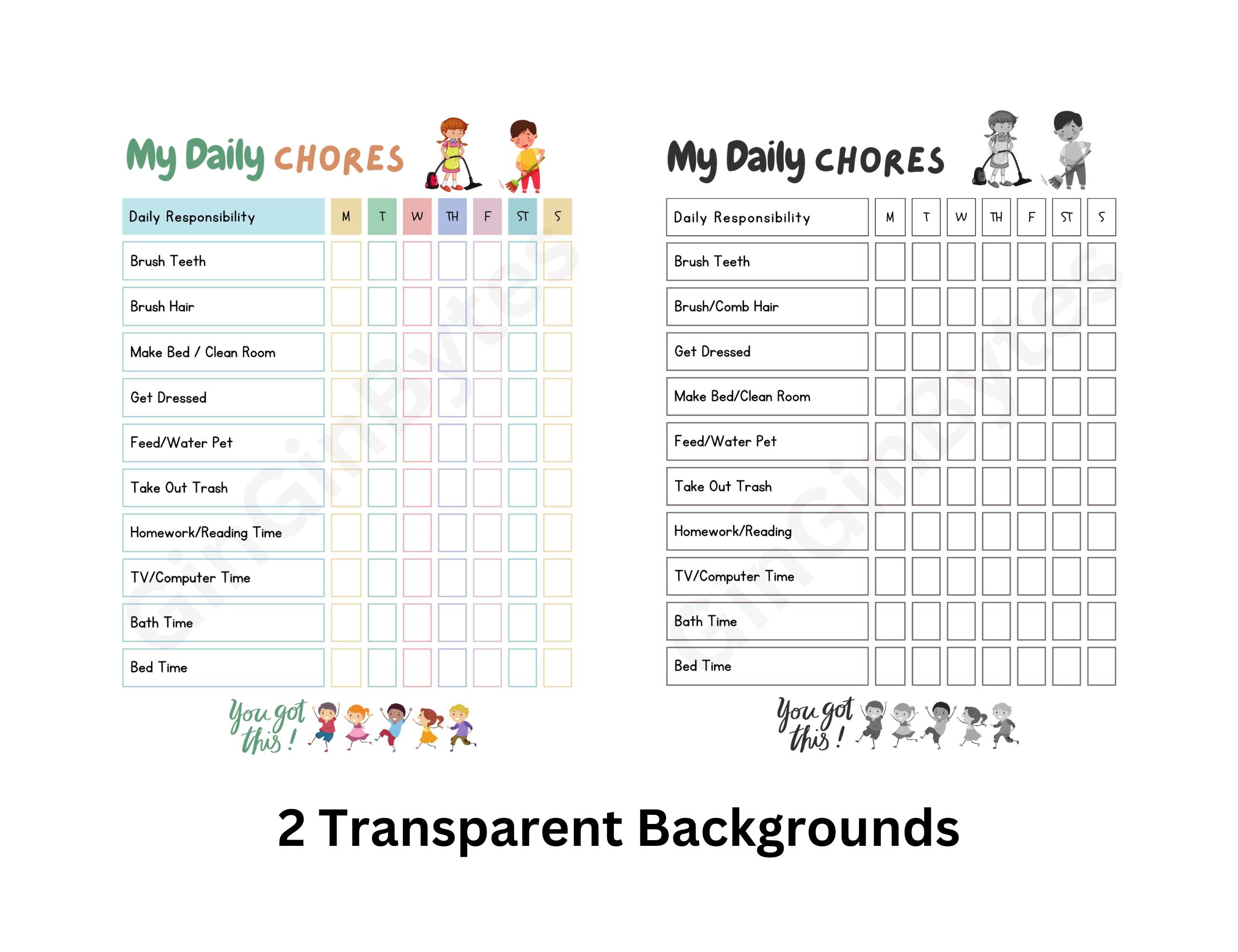 Daily Chores Chart for Kids | PNG File | Instant Download | 2 Printable ...