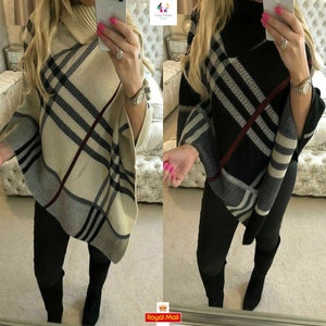 Ladies Womens Winter High Polo Neck Knitted Tartan Check Poncho Shawl Sweater Jumper Wrap Cape - One Size (UK 8-16)