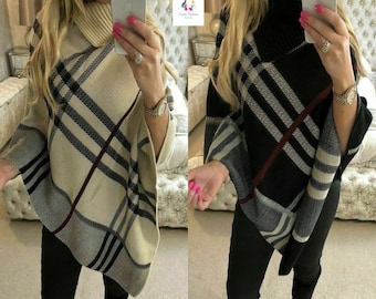 Womens Knitted Cape Shawl Wrap Long Folded Roll Neck Button Sweater Jumper Poncho Top One Size Clothing Womens Clothing Jumpers Pullover Jumpers 