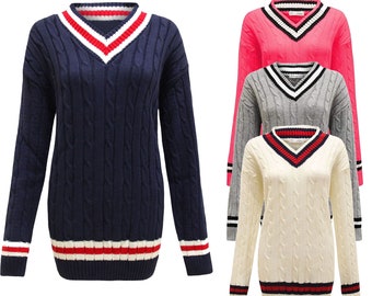 Womens Ladies PLUS Size CRICKET JUMPER | Cable Knitted V Neck Pullover | Long Stretch Sweater Top | Premium Quality