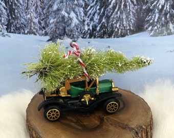 Bringing Home the Christmas Tree, Green Vintage Car