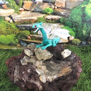 Miniature Teal Dragon on Oregon Sunstone Matrix: Fairy Garden Decor