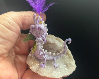 Whimsical Dragon Figurine on Crystal Geode: Royal Repurposed Toy
