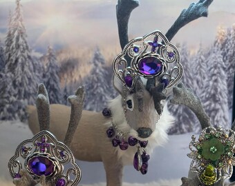 Faux Fur Reindeer, Jeweled Crown, Fairy Garden Ornament