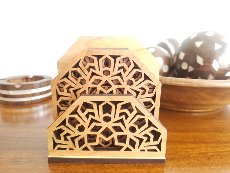 Wooden Geometric Coasters with Holder Cherry Wood or walnut wood Coasters Set with Holder Coasters Set of 4,6 or 8