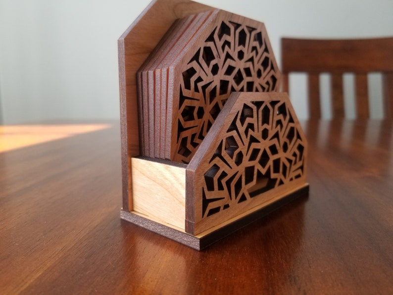 Wooden Geometric Coasters with Holder Cherry Wood or walnut wood Coasters Set with Holder Coasters Set of 4,6 or 8