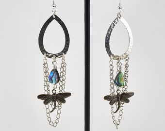 Libelle kettingoorbellen, verzilverde oorringen, abalone-druppeloorbellen en sterlingzilveren kettingoorbellen, verguld messing