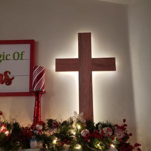 Hardwood Wireless LED Backlit Wooden Wall Cross - Remote Controlled - 27" Handcrafted
