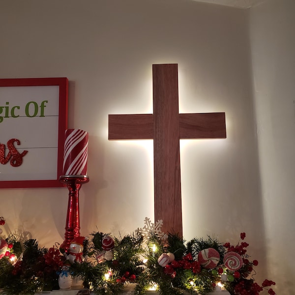 Hardwood Wireless LED Backlit Wooden Wall Cross - Remote Controlled - 27" Handcrafted