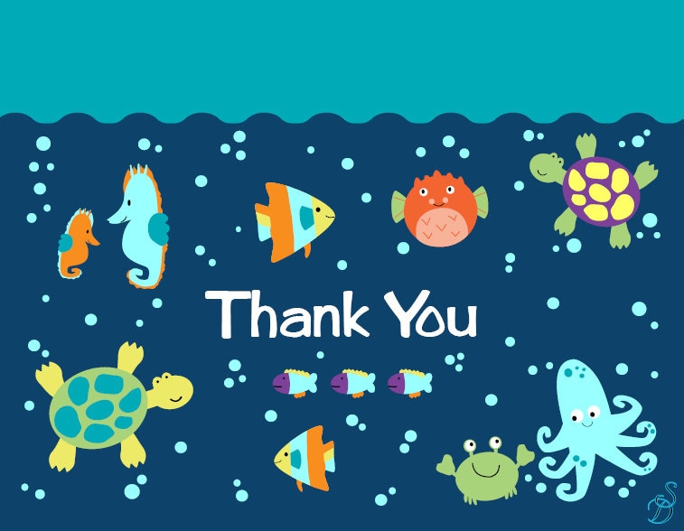 Ocean Theme Baby Shower Thank You Card, Sea Creatures Baby Shower Thank