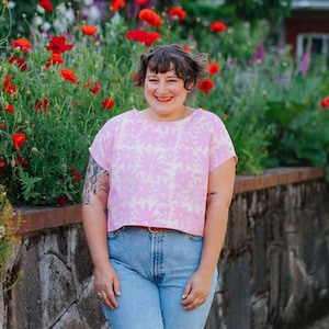 Handmade Top Boxy Style Linen Cotton Pink Big Bold Flowers Screen Block Print by Julie Peach One Size Fits Most Modern Style Shirt