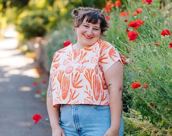 Julie Peach x Brooke Ciocco / Sea Things Boxy Top / Hand Block Printed  / Crop Top / Cotton + Linen / Loose Top / Pink + Orange / Handmade