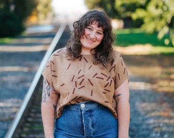 Willow Ship x Brooke Ciocco / Toss Boxy Top / Screen Printed  / Crop Top / 100% Linen / Loose Top / Brown Neutral / Handmade