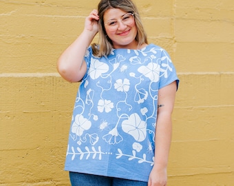 Elana Gabrielle x Brooke Ciocco / Thistle Tea Towel Top / Illustration / Blue + White / Cotton / Boxy Top