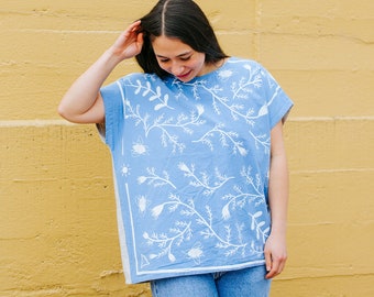 Elana Gabrielle x Brooke Ciocco / Thistle Tea Towel Top / Illustration / Blue + White / Cotton + Linen / Boxy Top