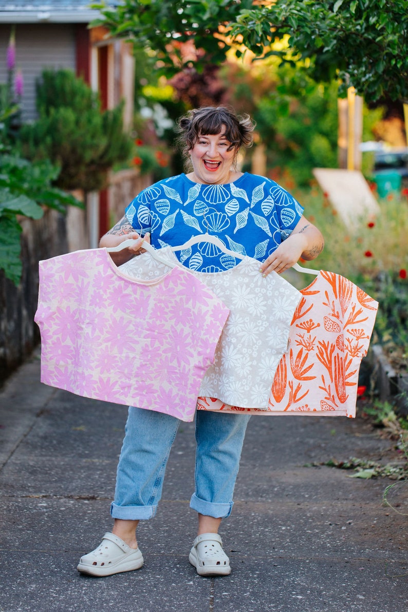 Handmade Top Boxy Style Linen Cotton Orange Pink Ocean Coral Screen