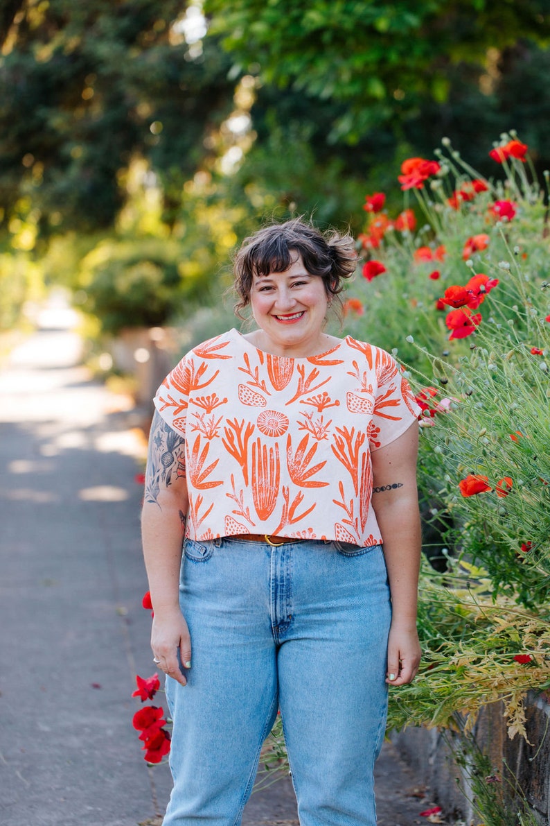 Handmade Top Boxy Style Linen Cotton Orange Pink Ocean Coral Screen