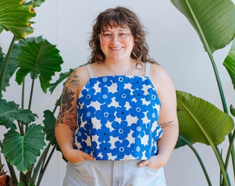 Blue Flowers Japanese Fabric Boxy Tank Top / Cotton and Linen / Handmade / Brooke Ciocco / Crop Top / Japan