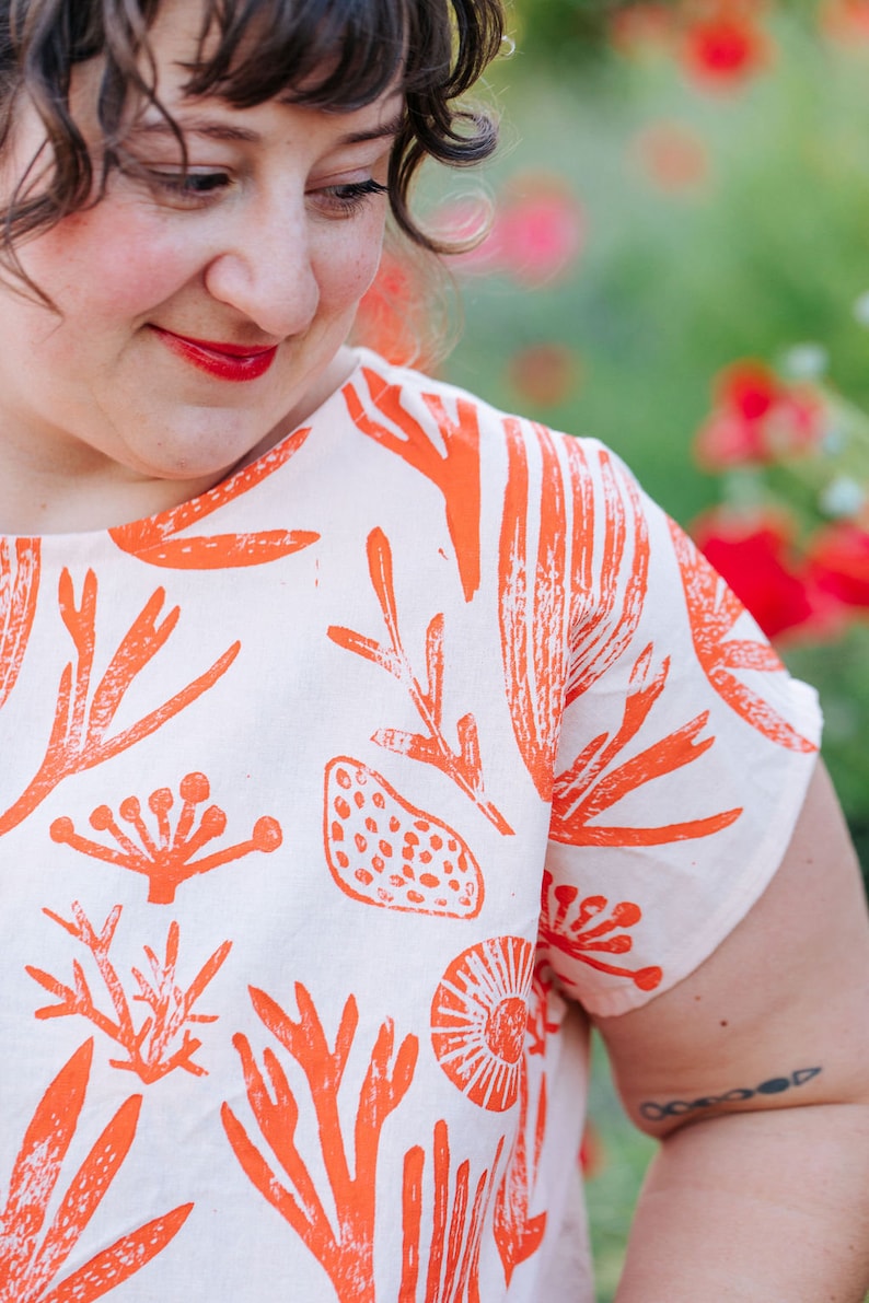 Handmade Top Boxy Style Linen Cotton Orange Pink Ocean Coral Screen