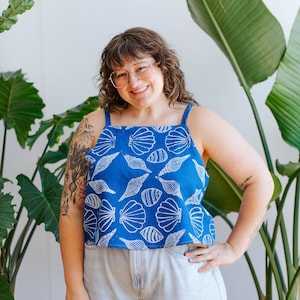 Handmade Tank Top Boxy Fit Cotton Linen Top Modern Blue Sea Shells Screen Block Print by Julie Peach One Size Unique Summer Outfit Gift Idea
