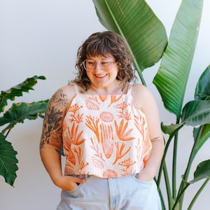 Handmade Tank Top Boxy Fit Cotton Linen Modern Orange Sea Coral Screen Block Print by Julie Peach One Size Unique Summer Outfit Gift Idea