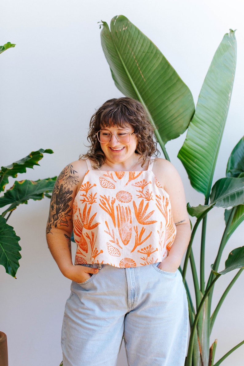 Julie Peach x Brooke Ciocco / Sea Things Boxy Tank Top / Hand Block Printed / Crop Top / Cotton Linen / Loose / Pink Orange / Handmade image 1