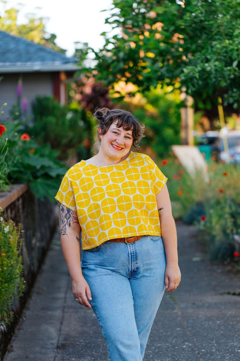 Yellow Shapes Japanese Fabric / Cotton and Linen / Handmade / Brooke Ciocco / Crop Top / Boxy Top / Geometric image 1