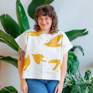 Handmade Top Bandana Boxy Fit Cotton Fabric Yellow Birds Illustration Rectangle Loose Shape Shirt One Size Fits Most Modern Casual Style