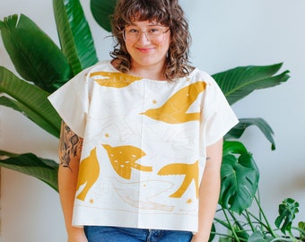 Elana Gabrielle x Brooke Ciocco / Birds Bandana Top / Elana Gabrielle Illustration / Yellow + Gold / Cotton / Boxy Rectangle Top / Loose Top