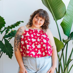 Handmade Tank Top Boxy Fit Cotton Linen Top Modern Pink Flowers Japanese Fabric Marimekko Style One Size Unique Summer Outfits Gift Idea