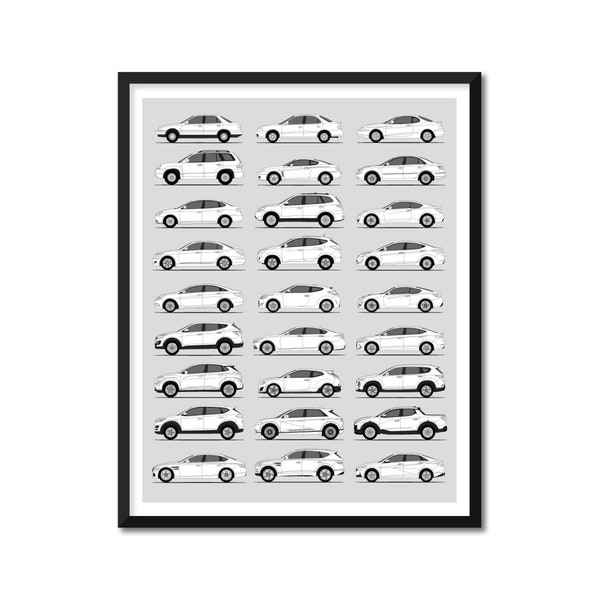 Hyundai Inspired Car Poster (Side Profile) Print Wall Art Decor of the Best of Hyundai Generations History Evolution BX1 (Unframed)